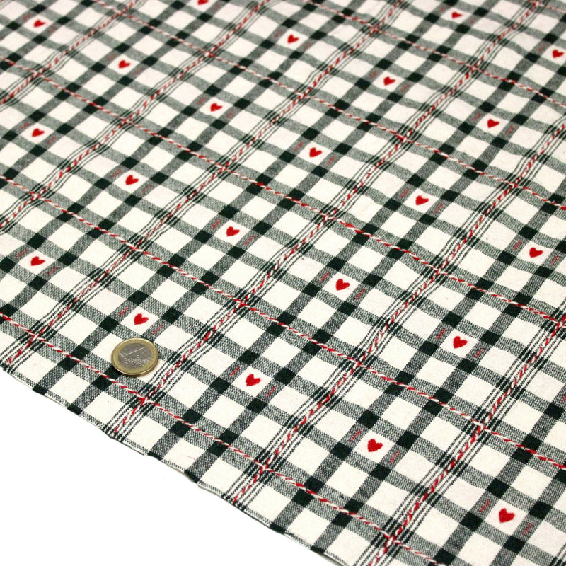 Tissu coton épais COEUR DES ALPES : carreaux traditionnels de chalet & petits cœurs tissés – 2 coloris disponibles - TissusPapi.com