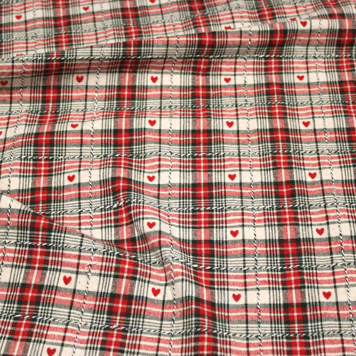 Tissu coton épais COEUR DES ALPES : carreaux traditionnels de chalet & petits cœurs tissés – 2 coloris disponibles