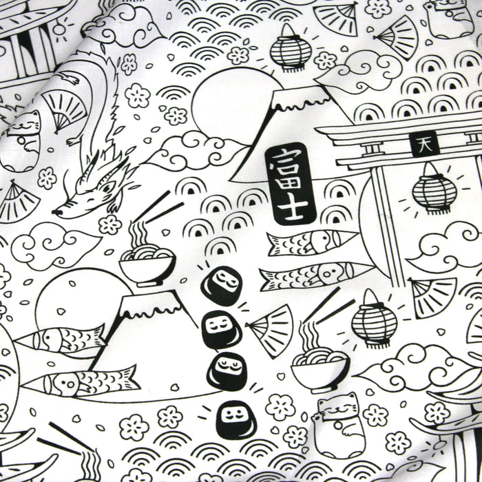 Tissu cotonnade, illustrations japonaises noir et blanc tissu à