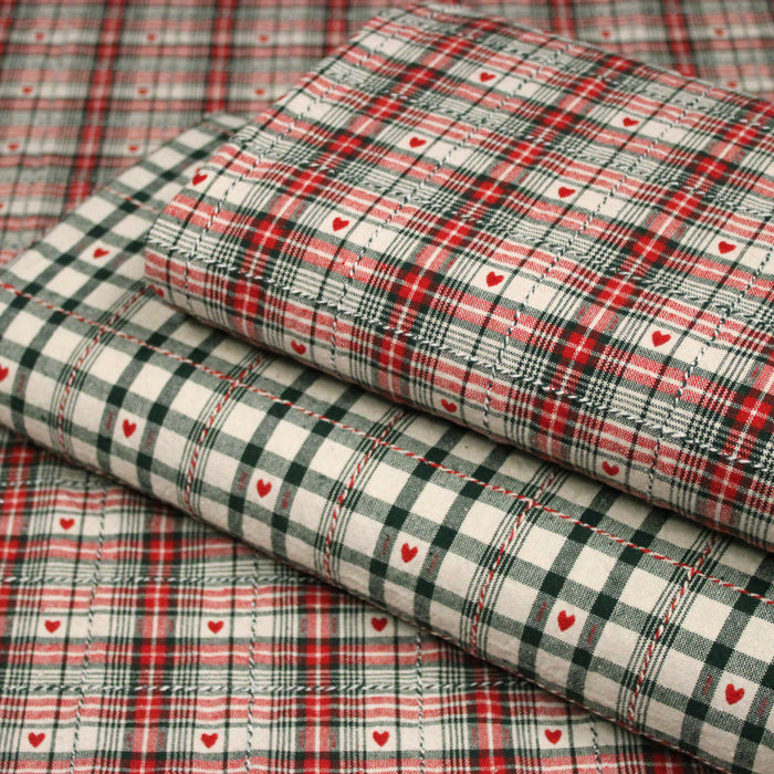 Tissu coton épais COEUR DES ALPES : carreaux traditionnels de chalet & petits cœurs tissés – 2 coloris disponibles