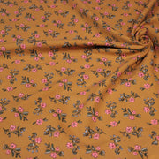 Tissu velours milleraies imprimé ocre aux fines fleurs roses & fines feuilles - STANDARD 100 OEKO-TEX - TissusPapi.com