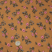 Tissu velours milleraies imprimé ocre aux fines fleurs roses & fines feuilles - STANDARD 100 OEKO-TEX - TissusPapi.com