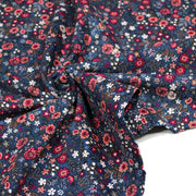 Tissu velours milleraies imprimé fleuri bleu Prusse aux fines fleurs corail, byzantin, blanches - STANDARD 100 OEKO-TEX - TissusPapi.com