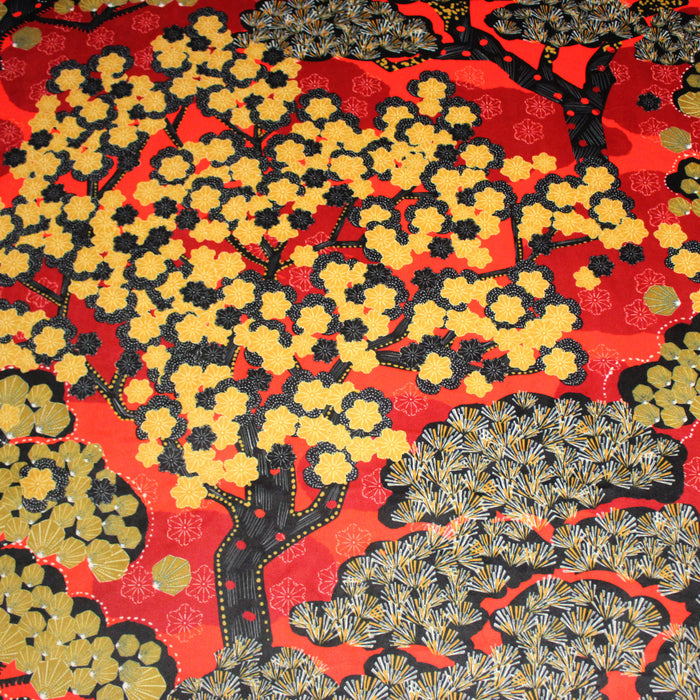 Tissu Velours ras imprimé motifs japonais aux arbres, fleurs, Kiku, Kikko, tons rouges - OEKO-TEX