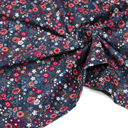 Tissu velours milleraies imprimé fleuri bleu Prusse aux fines fleurs corail, byzantin, blanches - STANDARD 100 OEKO-TEX - TissusPapi.com