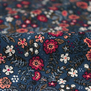 Tissu velours milleraies imprimé fleuri bleu Prusse aux fines fleurs corail, byzantin, blanches - STANDARD 100 OEKO-TEX - TissusPapi.com