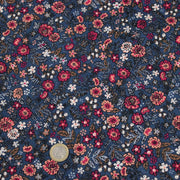 Tissu velours milleraies imprimé fleuri bleu Prusse aux fines fleurs corail, byzantin, blanches - STANDARD 100 OEKO-TEX - TissusPapi.com