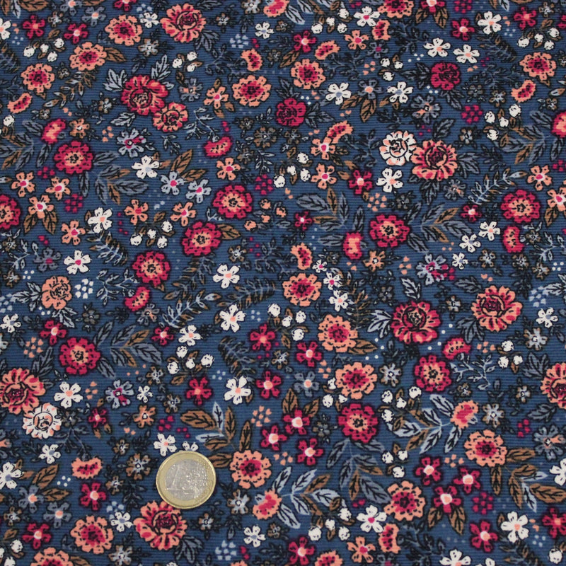 Tissu velours milleraies imprimé fleuri bleu Prusse aux fines fleurs corail, byzantin, blanches - STANDARD 100 OEKO-TEX - TissusPapi.com