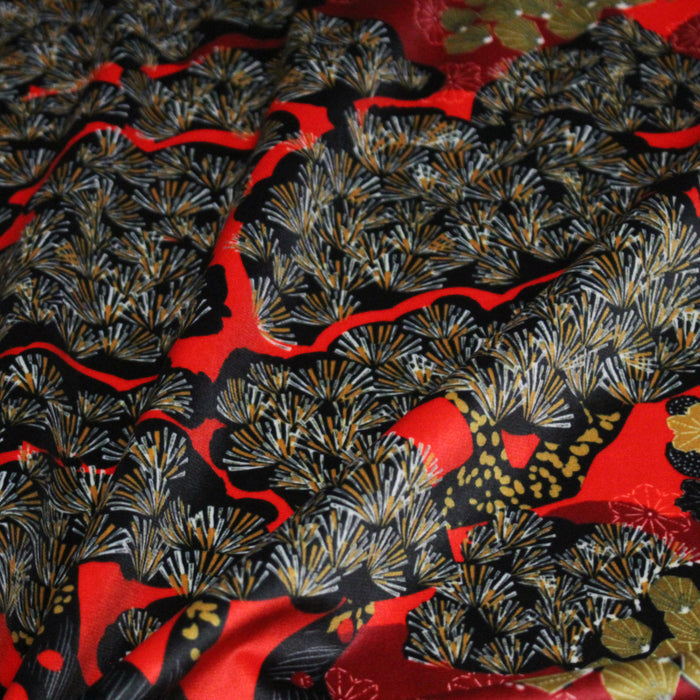 Tissu Velours ras imprimé motifs japonais aux arbres, fleurs, Kiku, Kikko, tons rouges - OEKO-TEX