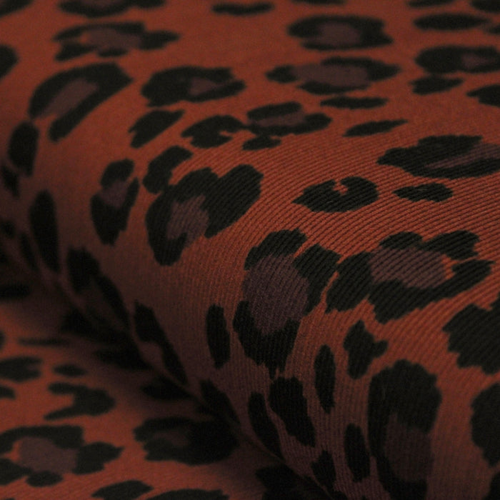 Tissu velours milleraies imprimé Léopard Terre de Sienne, noir, chocolat - STANDARD 100 OEKO-TEX