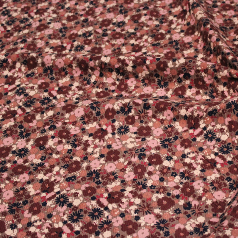 Tissu velours milleraies imprimé aux fleurs roses, cacao, rose pale, noir, taupe - STANDARD 100 OEKO-TEX - TissusPapi.com