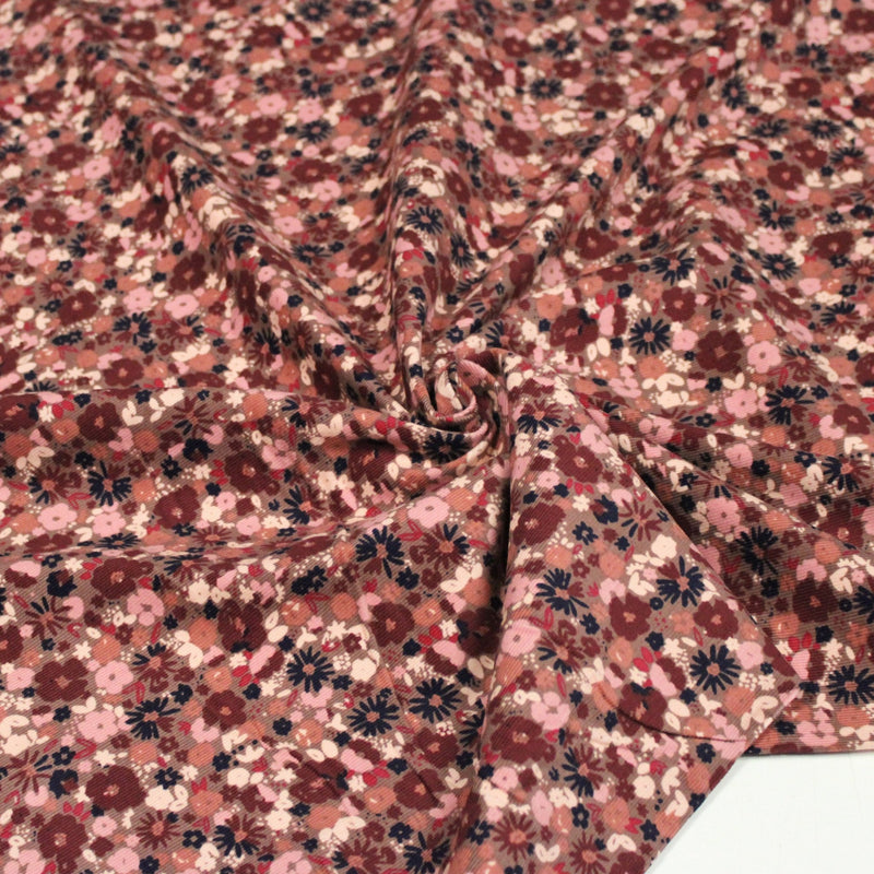 Tissu velours milleraies imprimé aux fleurs roses, cacao, rose pale, noir, taupe - STANDARD 100 OEKO-TEX - TissusPapi.com