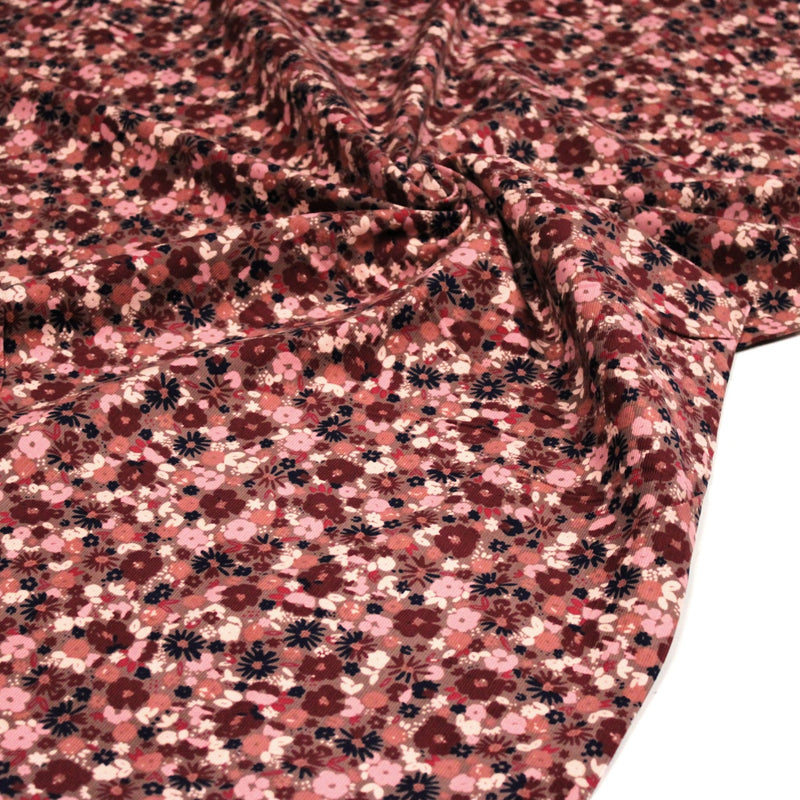 Tissu velours milleraies imprimé aux fleurs roses, cacao, rose pale, noir, taupe - STANDARD 100 OEKO-TEX - TissusPapi.com