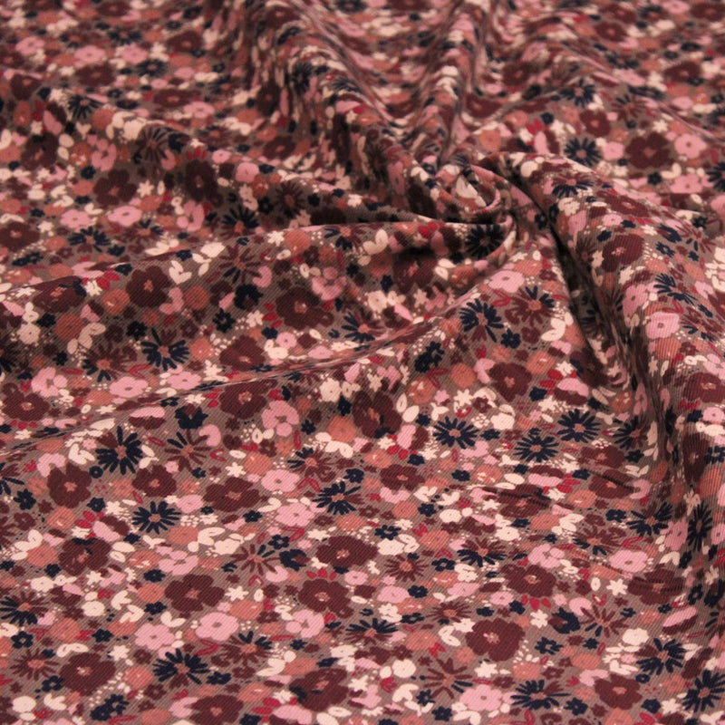 Tissu velours milleraies imprimé aux fleurs roses, cacao, rose pale, noir, taupe - STANDARD 100 OEKO-TEX - TissusPapi.com