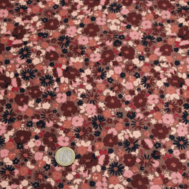Tissu velours milleraies imprimé aux fleurs roses, cacao, rose pale, noir, taupe - STANDARD 100 OEKO-TEX - TissusPapi.com