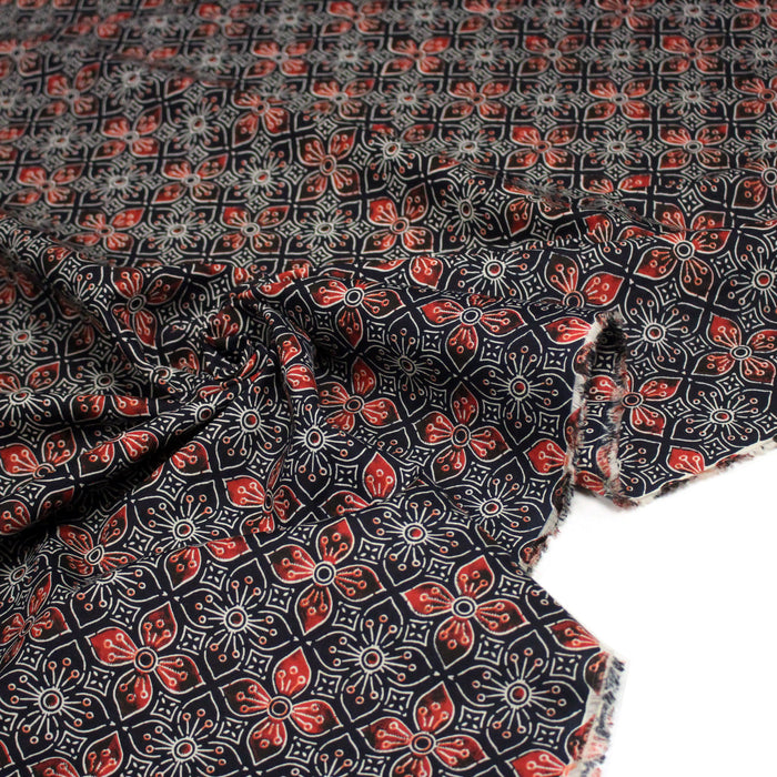 Tissu coton fin imprimé INDIENNES, noir aux motifs floraux géométriques - STANDARD 100 OEKO-TEX
