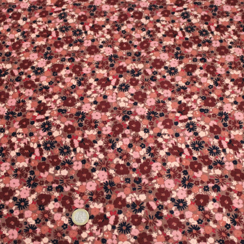 Tissu velours milleraies imprimé aux fleurs roses, cacao, rose pale, noir, taupe - STANDARD 100 OEKO-TEX - TissusPapi.com