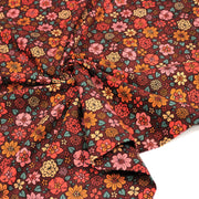 Tissu velours milleraies imprimé SEVENTIES choco aux fleurs rouge roses oranges - STANDARD 100 OEKO-TEX - TissusPapi.com
