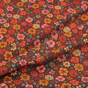 Tissu velours milleraies imprimé SEVENTIES choco aux fleurs rouge roses oranges - STANDARD 100 OEKO-TEX - TissusPapi.com