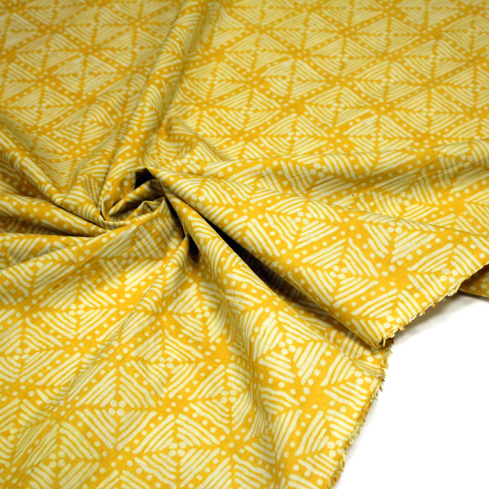 Tissu coton fin imprimé INDIENNES, jaune & motif Shibori géométrique écru - STANDARD 100 OEKO-TEX