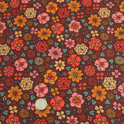 Tissu velours milleraies imprimé SEVENTIES choco aux fleurs rouge roses oranges - STANDARD 100 OEKO-TEX - TissusPapi.com