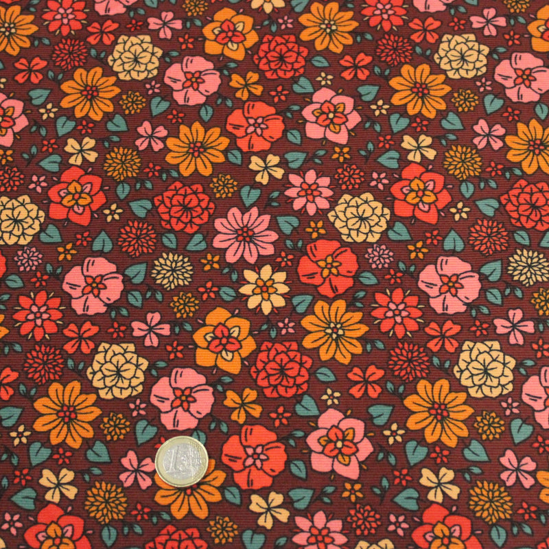 Tissu velours milleraies imprimé SEVENTIES choco aux fleurs rouge roses oranges - STANDARD 100 OEKO-TEX - TissusPapi.com