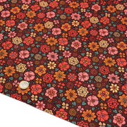 Tissu velours milleraies imprimé SEVENTIES choco aux fleurs rouge roses oranges - STANDARD 100 OEKO-TEX - TissusPapi.com
