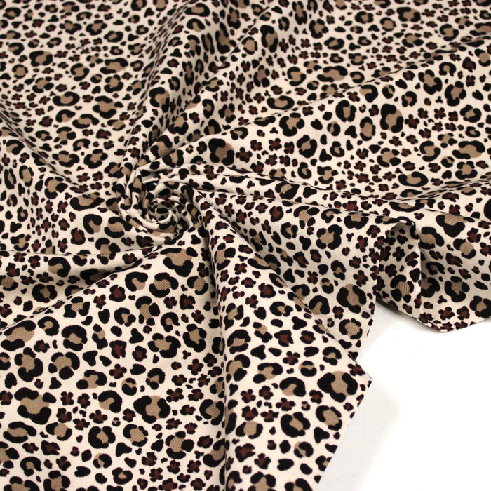 Tissu velours milleraies imprimé Léopard écru, noir, marron, grège - STANDARD 100 OEKO-TEX