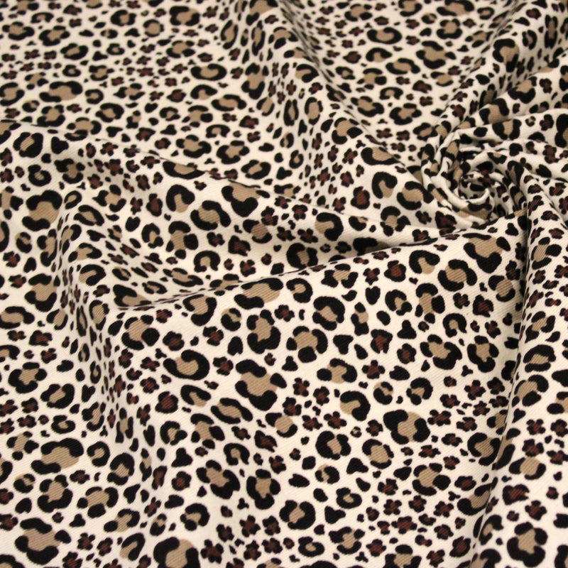 Tissu velours milleraies imprimé Léopard écru, noir, marron, grège - STANDARD 100 OEKO-TEX - TissusPapi.com