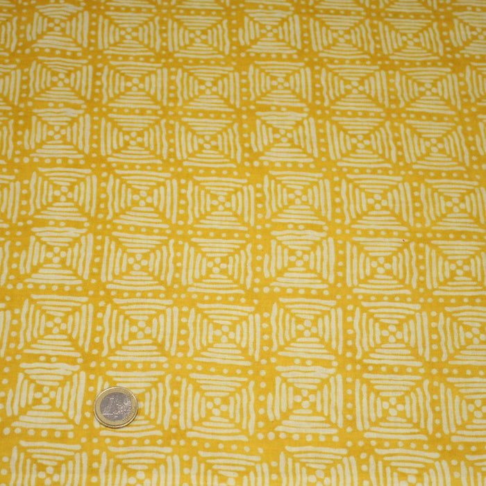 Tissu coton fin imprimé INDIENNES, jaune & motif Shibori géométrique écru - STANDARD 100 OEKO-TEX