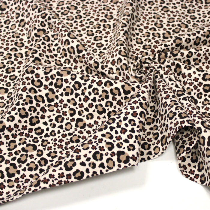 Tissu velours milleraies imprimé Léopard écru, noir, marron, grège - STANDARD 100 OEKO-TEX
