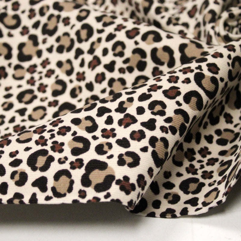 Tissu velours milleraies imprimé Léopard écru, noir, marron, grège - STANDARD 100 OEKO-TEX - TissusPapi.com