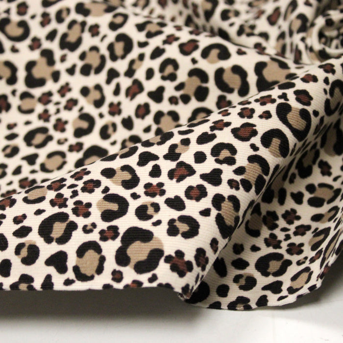 Tissu velours milleraies imprimé Léopard écru, noir, marron, grège - STANDARD 100 OEKO-TEX