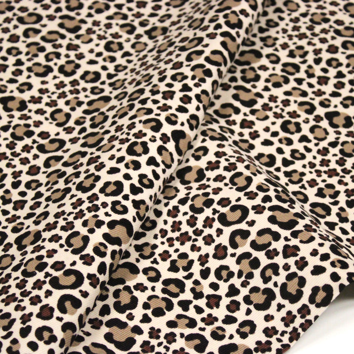 Tissu velours milleraies imprimé Léopard écru, noir, marron, grège - STANDARD 100 OEKO-TEX