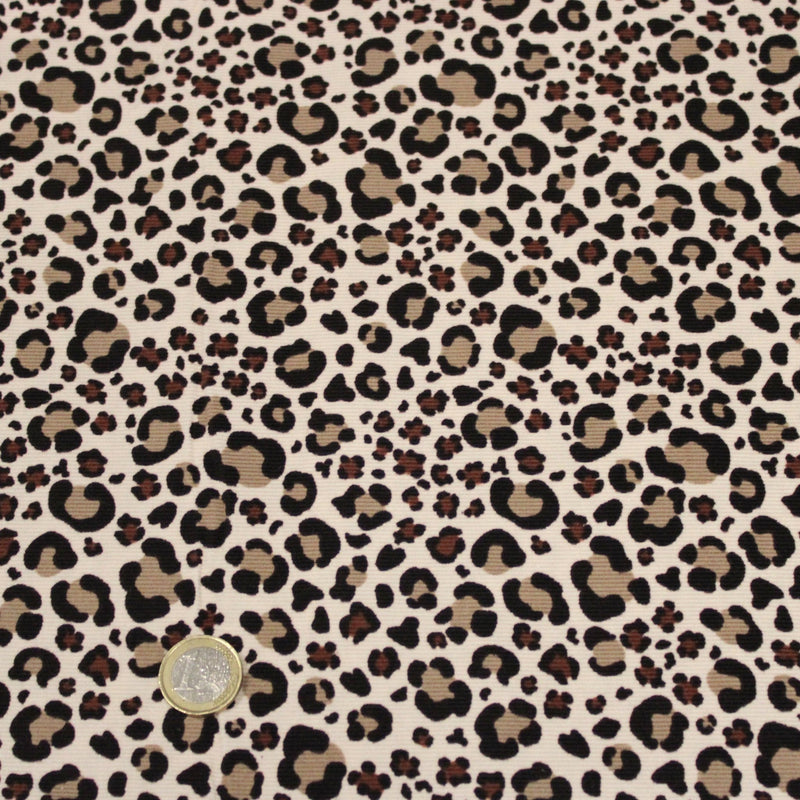 Tissu velours milleraies imprimé Léopard écru, noir, marron, grège - STANDARD 100 OEKO-TEX - TissusPapi.com