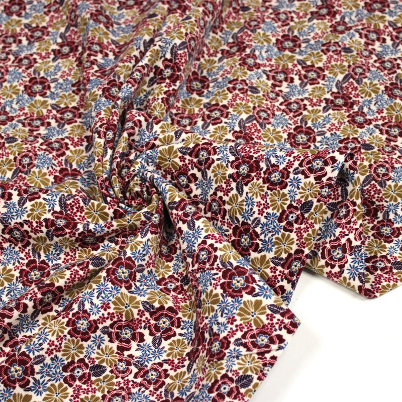 Tissu velours milleraies imprimé écru aux fleurs bordeaux, ocre, fleur pétrole - STANDARD 100 OEKO-TEX - TissusPapi.com