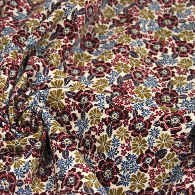 Tissu velours milleraies imprimé écru aux fleurs bordeaux, ocre, fleur pétrole - STANDARD 100 OEKO-TEX - TissusPapi.com