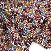 Tissu velours milleraies imprimé écru aux fleurs bordeaux, ocre, fleur pétrole - STANDARD 100 OEKO-TEX - TissusPapi.com