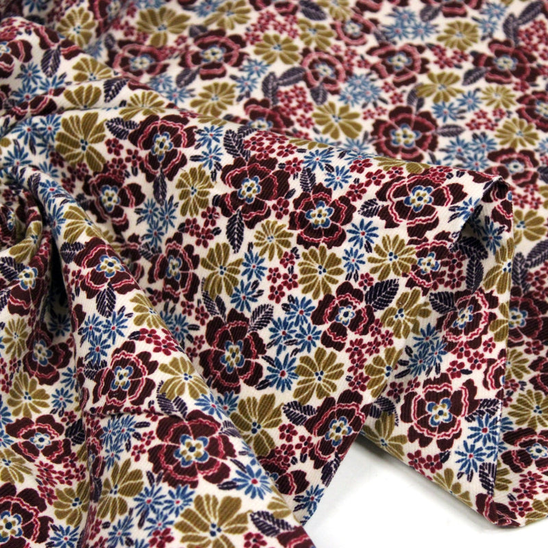 Tissu velours milleraies imprimé écru aux fleurs bordeaux, ocre, fleur pétrole - STANDARD 100 OEKO-TEX - TissusPapi.com