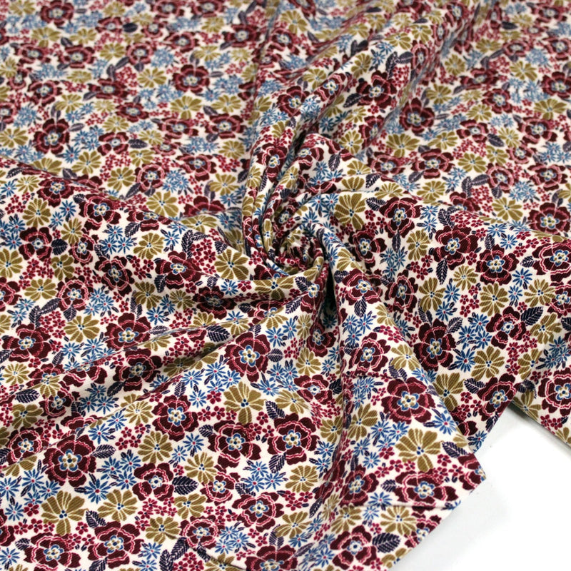 Tissu velours milleraies imprimé écru aux fleurs bordeaux, ocre, fleur pétrole - STANDARD 100 OEKO-TEX - TissusPapi.com