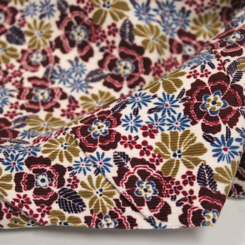 Tissu velours milleraies imprimé écru aux fleurs bordeaux, ocre, fleur pétrole - STANDARD 100 OEKO-TEX - TissusPapi.com