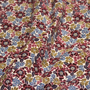 Tissu velours milleraies imprimé écru aux fleurs bordeaux, ocre, fleur pétrole - STANDARD 100 OEKO-TEX - TissusPapi.com