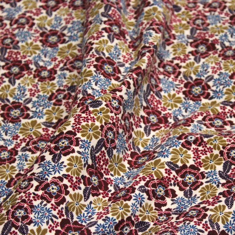 Tissu velours milleraies imprimé écru aux fleurs bordeaux, ocre, fleur pétrole - STANDARD 100 OEKO-TEX - TissusPapi.com