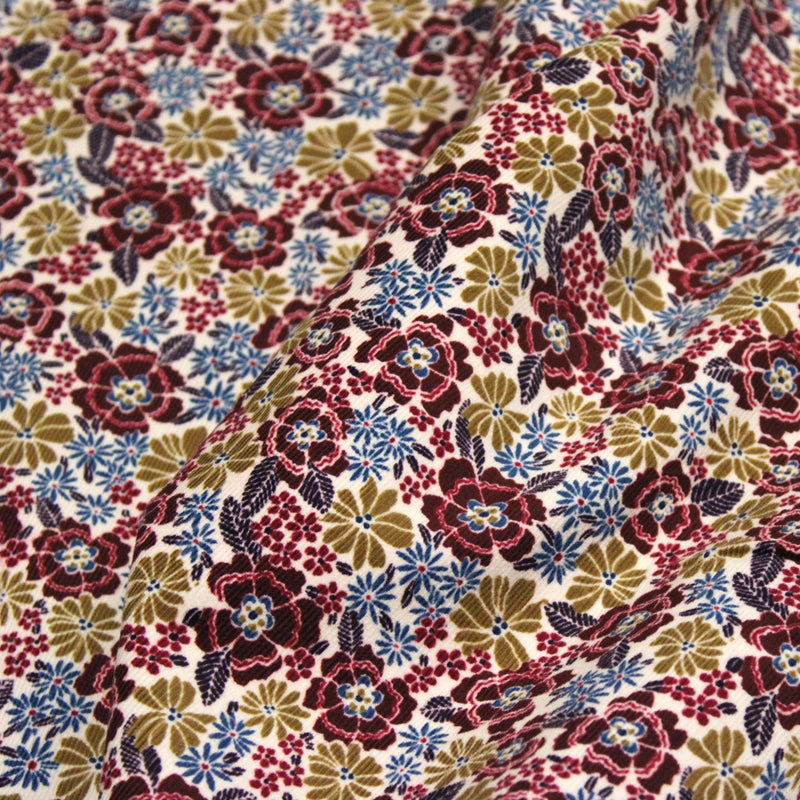 Tissu velours milleraies imprimé écru aux fleurs bordeaux, ocre, fleur pétrole - STANDARD 100 OEKO-TEX - TissusPapi.com