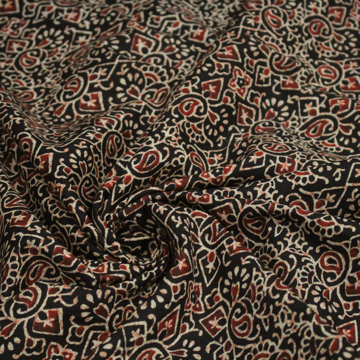 Tissu coton fin imprimé INDIENNES, noir motif abstrait rouge et écru - STANDARD 100 OEKO-TEX