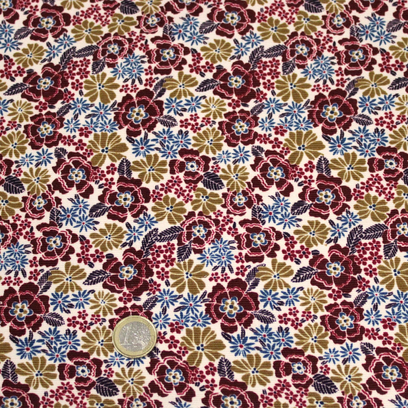 Tissu velours milleraies imprimé écru aux fleurs bordeaux, ocre, fleur pétrole - STANDARD 100 OEKO-TEX - TissusPapi.com