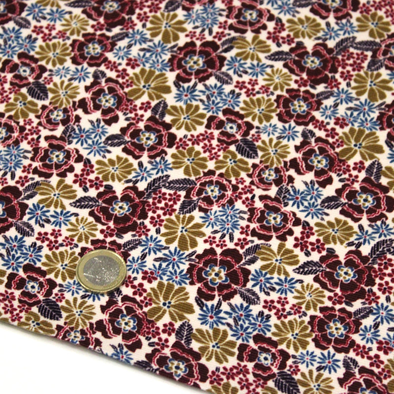 Tissu velours milleraies imprimé écru aux fleurs bordeaux, ocre, fleur pétrole - STANDARD 100 OEKO-TEX - TissusPapi.com