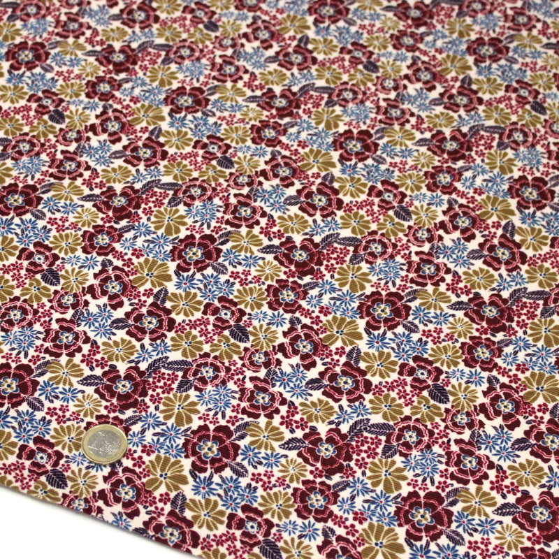 Tissu velours milleraies imprimé écru aux fleurs bordeaux, ocre, fleur pétrole - STANDARD 100 OEKO-TEX - TissusPapi.com