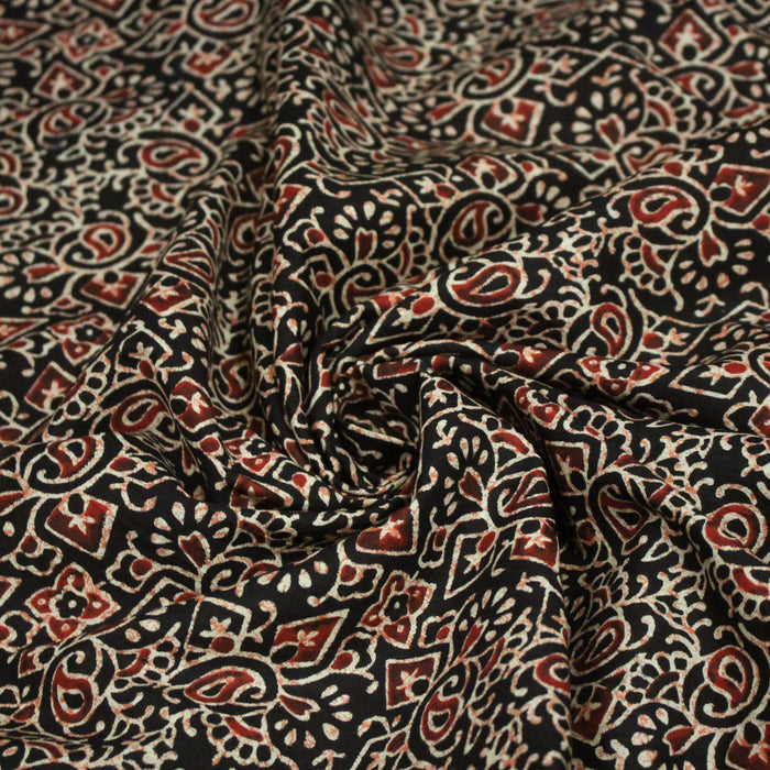 Tissu coton fin imprimé INDIENNES, noir motif abstrait rouge et écru - STANDARD 100 OEKO-TEX