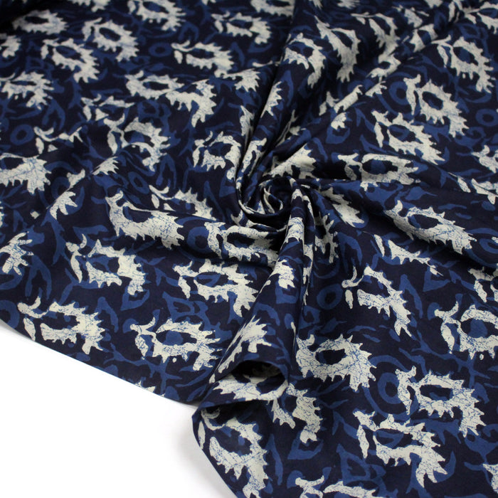 Tissu coton fin imprimé INDIENNES, motif traditionnel bleu & blanc BOOTA - STANDARD 100 OEKO-TEX